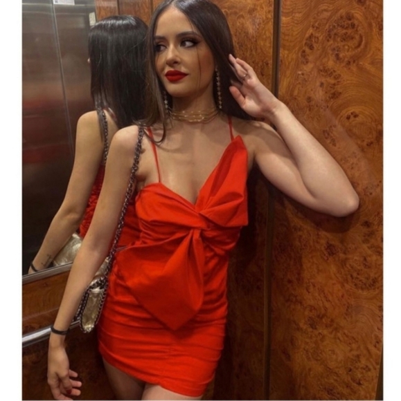 Zara Ruched Bow Red Mini Dress - Picture 6 of 10